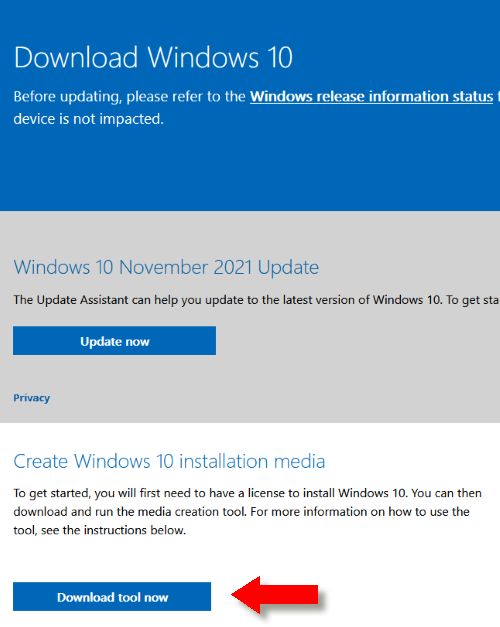 Windows 10 download page