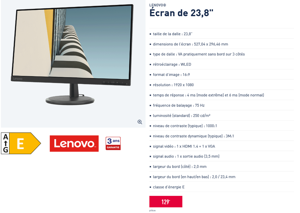Ecran Lenovo 23,8"