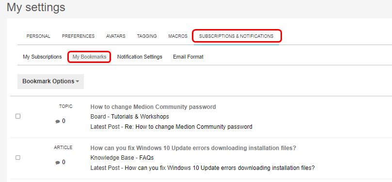 My settings > Subscriptions and Notifications > My Bookmarks
