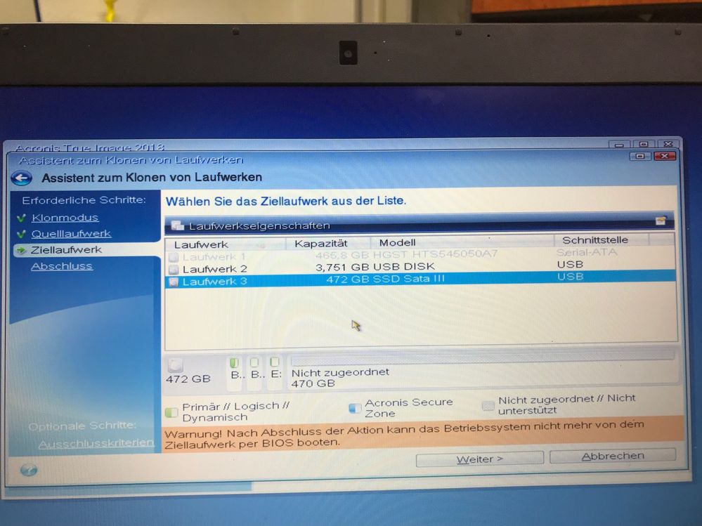 TrueImage USB Linix Dyn mit Warnung