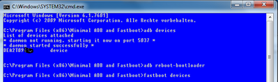 1.Adb gibt SN aus, 2.adb reboot-bootloader startet das Tab in den Flashmodus